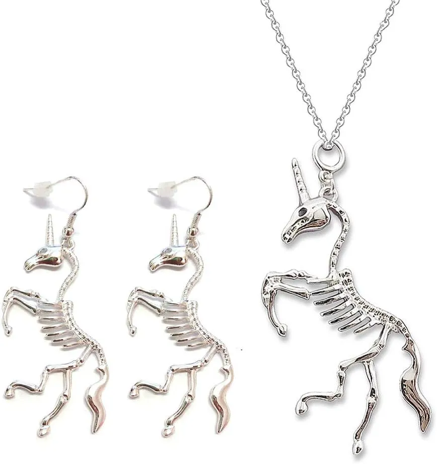 YOOE Gothic Skeleton Earrings Necklace Set. Silver Zombie Pendant Necklace for Men Women Halloween Jewelry