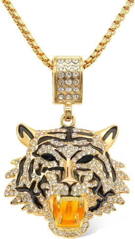YOOESTORES82 Punk Rhinestone Tiger Pendant Necklace.Hip Hop Cubic Zirconia Tiger Head Necklaces for Men Lion's Head Crystal Chain Necklaces Party Jewelry